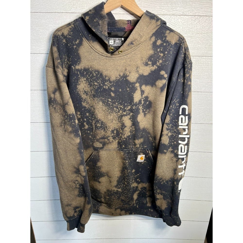 Carhartt Mens 2XL Bleached Acid Wash Sleeve Graphic Logo Hoodie Pullover Work